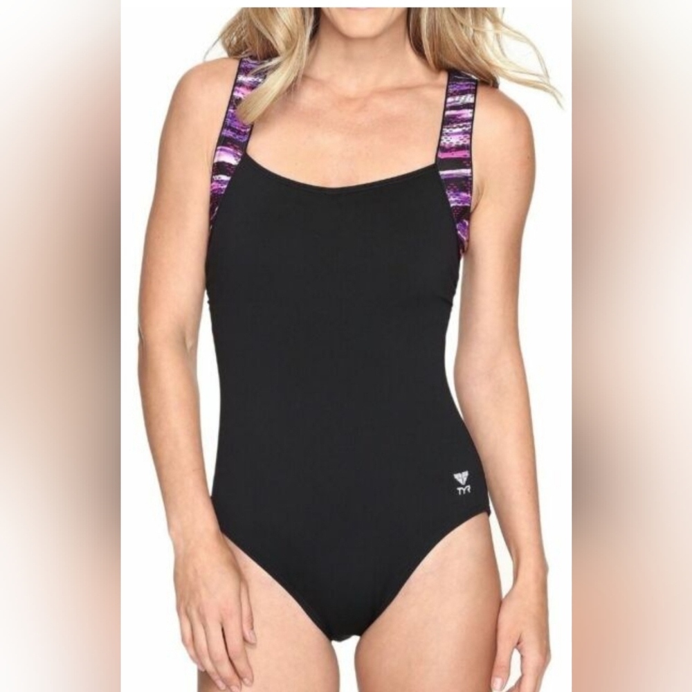 NWT TYR Women’s Durafast Elite Stripe Square Neck ControlFit Black Swimsuit S 8
